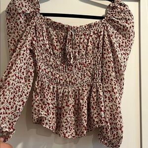 Blush Red Smocked Peplum Blouse with Long Puff Sleeves